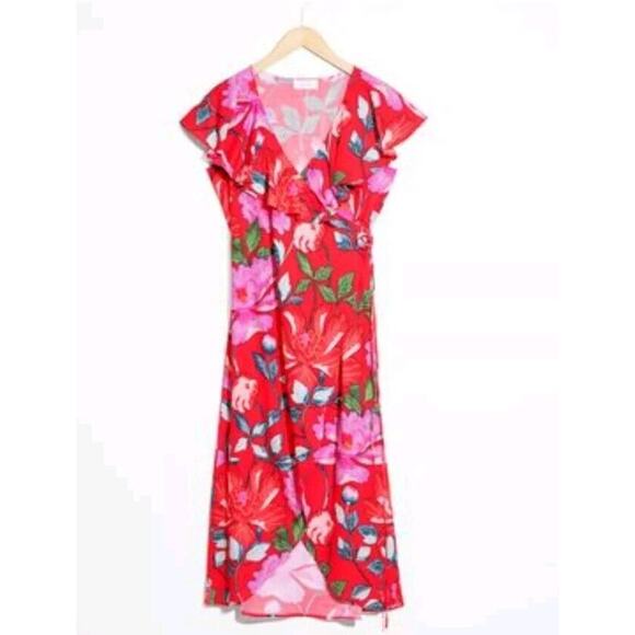 & Other Stories Red Floral Midi Wrap Dress Size US 4 - Picture 6 of 8